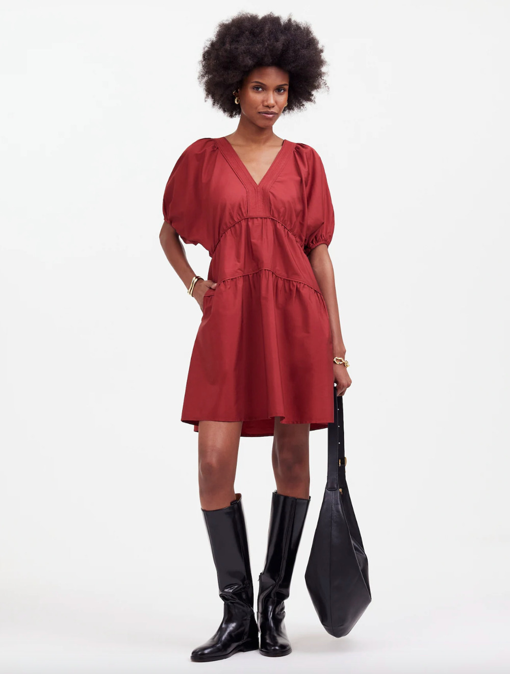Madewell Puff Sleeve Mini Dress Poplin Claret Burgundy A Line Pockets XL NWT